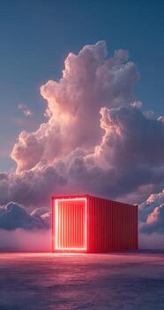 A red box with a red light in the middle of the sky photo
