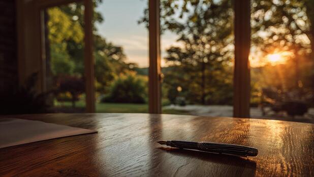 A pen sits on a table in front of a window with the sun setting photo