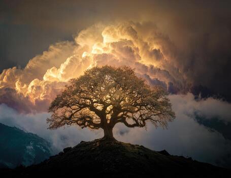 A tree stands on top of a hill with clouds in the background photo