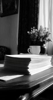A stack of papers on a table in front of a window photo