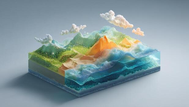 A 3d model of a mountain with clouds and water photo