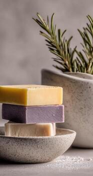 Three different colored bars of soap on a plate photo