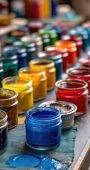 A table with many paint cans and paint brushes photo
