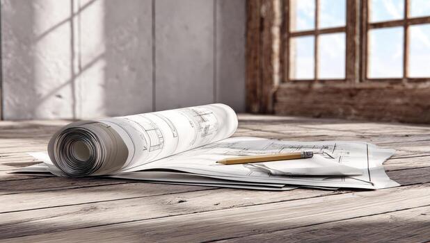 A blueprint laying on top of a wooden floor photo