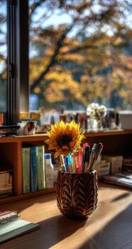 A vase with a sunflower in it on a desk photo