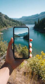 A person holding a smartphone with a landscape view of a lake photo