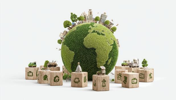 Green earth with green buildings and trees, 3d rendering photo