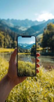 A hand holding a smartphone with a landscape view of a mountain range and a lake photo
