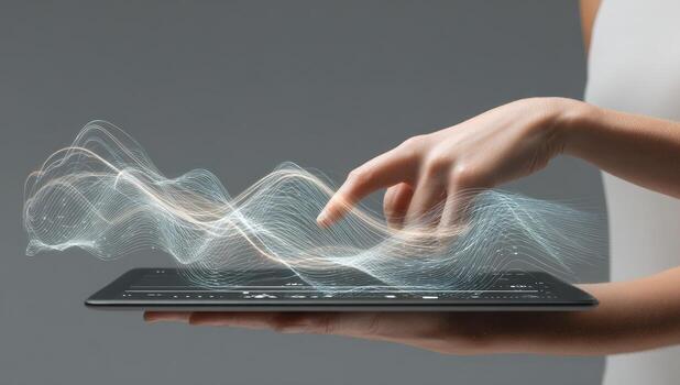 A person holding a tablet with a wave of light coming out of it photo