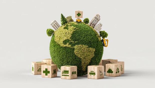 Green earth with green buildings and green trees 3d rendering photo