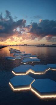 A group of ice blocks floating in the water photo