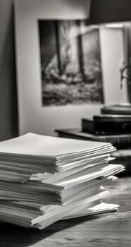 A stack of papers on a desk in front of a lamp photo
