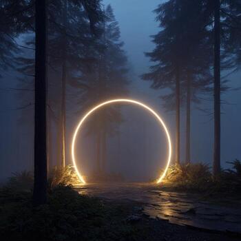 A glowing circle in the middle of a forest photo