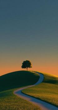 un solitario árbol en un colina con un la carretera líder a eso foto
