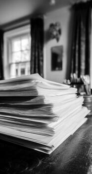 A stack of papers on a desk in a room photo