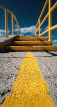 Yellow line on concrete steps with blue sky background photo