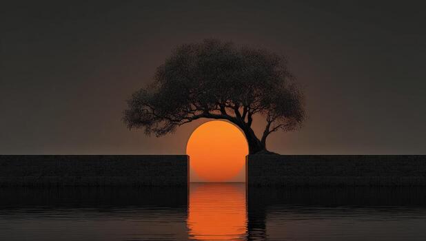 A tree is standing on a wall with the sun setting behind it photo