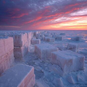 A large pile of ice blocks on the beach at sunset photo