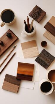 Various wood materials and tools laid out on a table photo