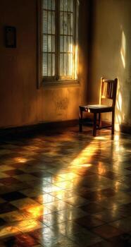 A chair in a room with sunlight streaming through the window photo