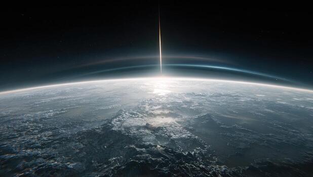 The earth is seen from space with a bright light shining photo