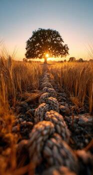 A tree in a field at sunset photo