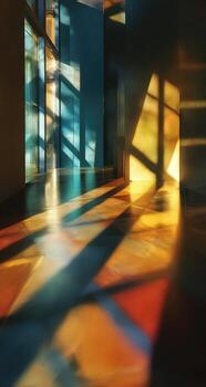 A room with colorful windows and a light shining through them photo