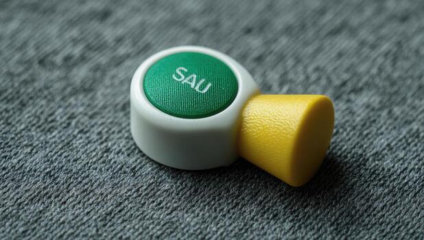A green and yellow button with the word suu on it photo
