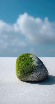 un rock con musgo en eso sentado en un blanco superficie foto