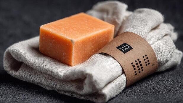 A piece of soap on a towel with a label photo