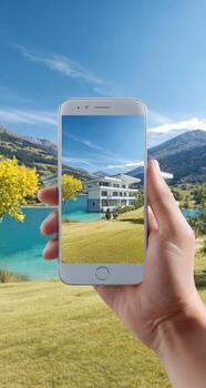 A hand holding a smart phone with a landscape view of a house and a lake photo