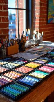 A table with many colored pencils and a few books photo