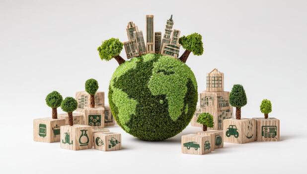 Eco-friendly concept of green earth with city and trees, 3d rendering stock photo