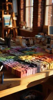 A table with a lot of colored pencils on it photo
