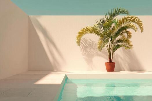 A potted palm tree sits next to a pool photo