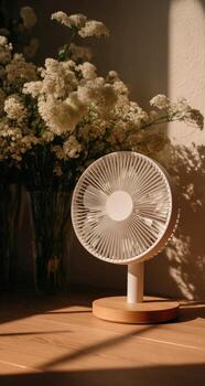 A desk fan with flowers in the background photo
