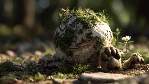 A small tree with a mossy ground and a paw print photo