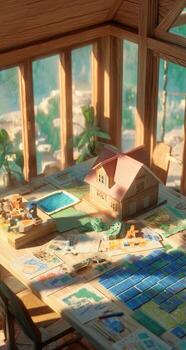 A table with a house and a lot of cards on it photo