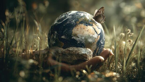 Earth in hands with butterfly photo