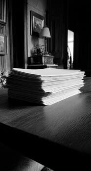 A stack of papers on a table in a room photo