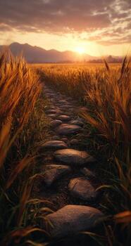 un Roca camino en un campo a puesta de sol foto