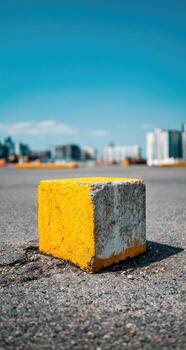 A yellow and white block sitting on the ground photo