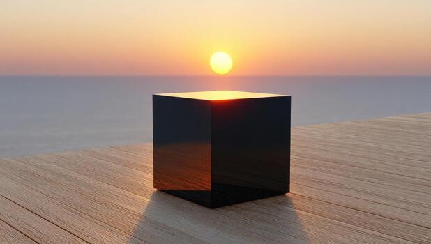 A cube sitting on a wooden table with the sun setting behind it photo