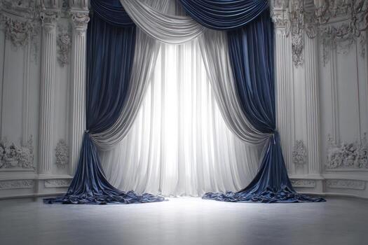 A room with a large window and blue curtains photo