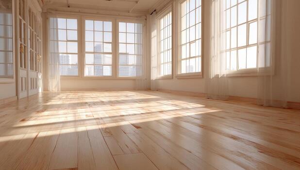 An empty room with hardwood floors and large windows photo