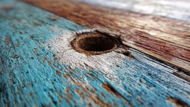A close up of a wooden table with a hole in it photo
