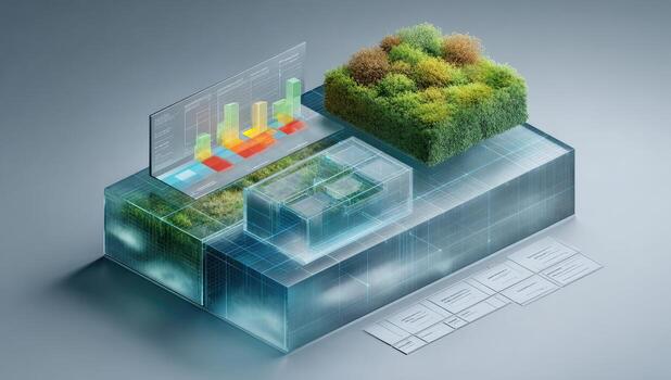 A 3d rendering of a building with a tree and a graph photo