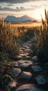 A stone path in a field with grass and wheat photo