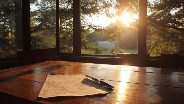 A table with a pen and paper sitting on it photo