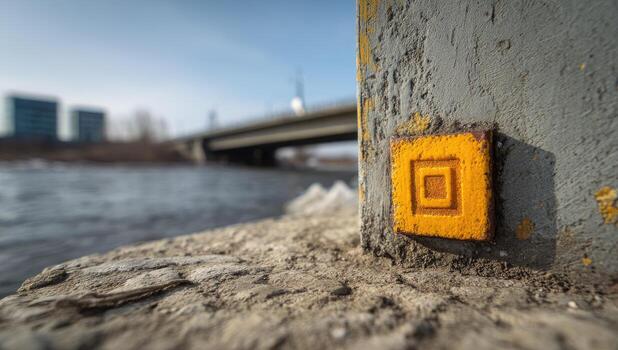 A yellow square on a concrete pillar photo